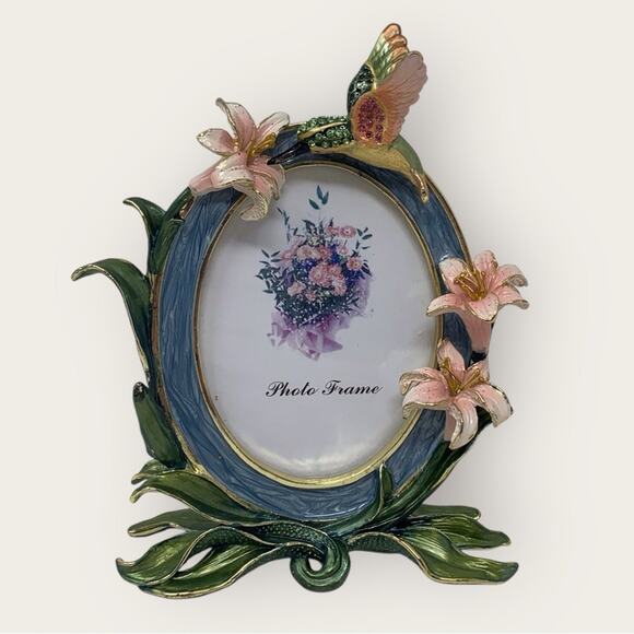 Humming Bird & Floral Frame Oval Royal Gem Collection  Green & Pink 4" x 5" - Picture 7 of 7